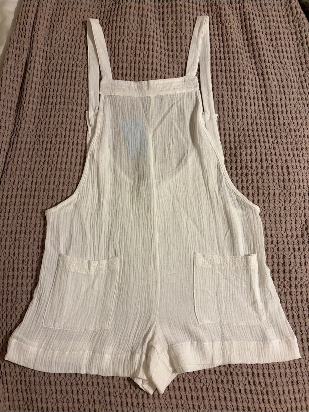Women's Cream Cotton Gauze Short Jumpsuit Romper with Front Pockets